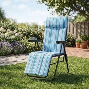 Espreguiçadeira de Jardim Dobrável, 59,5 x 79 x 112 cm, Encosto de 6 Posições, Azul + Branco