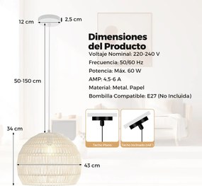 Candeeiro Teto esférico suspensa fácil de instalar, lâmpada incluída, para sala de jantar, sala de estar, quarto... 43 x 34 cm, bege