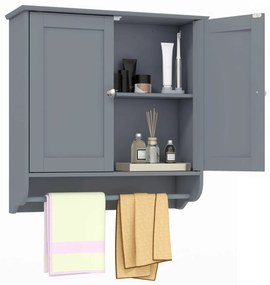 Armário de parede para casa de banho com 2 portas, barra de toalha, prateleira ajustável, organizador de armazenamento de cozinha 60 x 21 x 61 cm Cinz