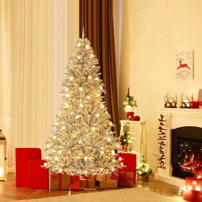 Árvore de Natal artificial nevada com 210 cm, 65 luzes esféricas, 350 luzes LED brancas quentes, 905 pontas de ramos e temporizador prateado