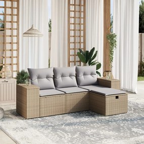 4 pcs conj. sofás jardim c/ almofadões vime PE bege misturado