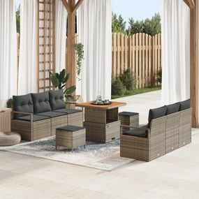 Conjunto de Sofás de Jardim vidaXL 9 Peças com Almofadas Cinzento Rattan Polímero Acácia