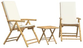 3 pcs conjunto bistrô dobrável c/ almofadões branco nata bambu