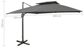 Guarda-sol jardim cantilever c/ toldo duplo 300x300cm antracite