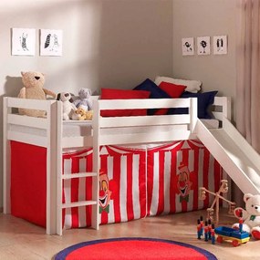 Conjunto Cama alta de Criança PINO 90 x 200 cm + estrado + escada + escorrega + cortina Circo Branca