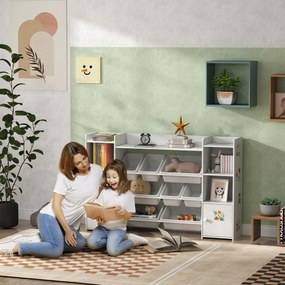 Móvel de arrumação infantil 140 x 30 x 90 cm, estante para brinquedos com 8 caixas removíveis, branco
