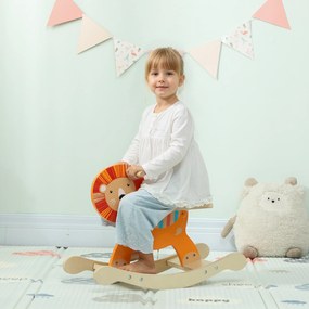 Cavalo de balanço para crianças, leão de brincar de balanço para bebés em madeira com guiador e base estável, 59 x 27 x 43 cm, laranja