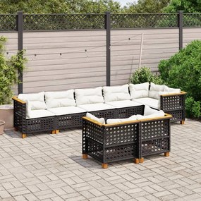 8 pcs conjunto sofás de jardim com almofadões vime PE preto