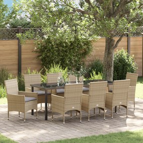 Conjunto de Jantar de Jardim de 9 Peças com Almofadas de Rattan Poliéster Bege