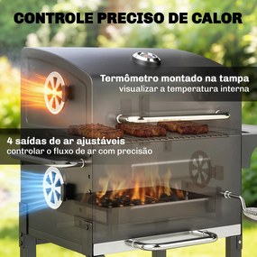 Grelhador de Carvão Portátil com Grelha em Aço Inoxidável, Prateleira Lateral, Termómetro, Bandeja e Rodas, Preto