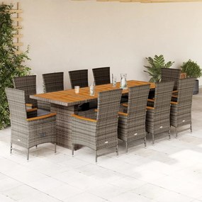 vidaXL 11 pcs conjunto jantar p/ jardim c/ almofadões vime PE cinzento