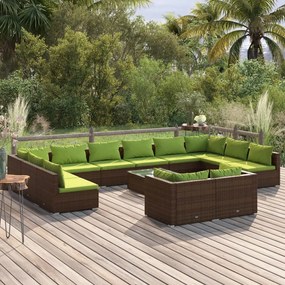 13 pcs conjunto lounge de jardim c/ almofadões vime PE castanho