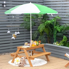 Mesa de piquenique infantil 3 em 1 com guarda-sol removível e ajustável de altura de 117 a 187 cm Mesa de madeira para pátio de jardim Verde