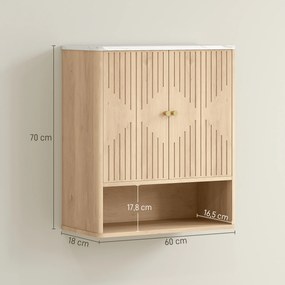Armário de parede para casa de banho 60 x 18 x 70 cm, móvel de arrumação com compartimento aberto e prateleira ajustável, em cor carvalho