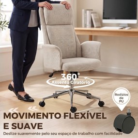 Cadeira de Escritório Giratória com Encosto Alto Função de Balanço Altura Ajustável Apoios de Braços Acolchoados e Rodas Bege