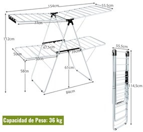 Estendal dobrável para varal de 2 camadas com asas ajustáveis ​​Estrutura de aço Estendal para roupas/sapatos/cobertores 154 x55,5 x112 cm Branco