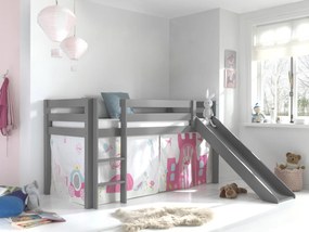 Conjunto Cama alta de Criança PINO 90 x 200 cm + estrado + escada + escorrega + cortina  Astronauta Cinzenta