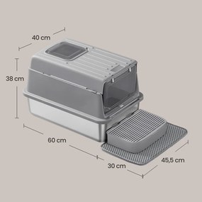 Caixa de areia para gatos em aço inoxidável 60 x 40 x 38 cm, com tampa e pá Cinzento