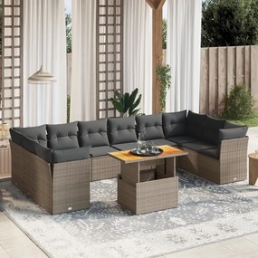 11 pcs conjunto sofás de jardim c/ almofadões vime PE cinzento