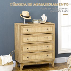 Cómoda com 4 Gavetas Cómoda de Madeira com Gavetas de Vime e Pés Elevados para Sala de Estar Dormitório Escritório 80x35x95cm Madeira