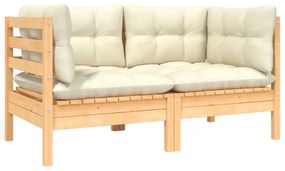 vidaXL Sofá de jardim 2 lugares com almofadões cor creme pinho maciço