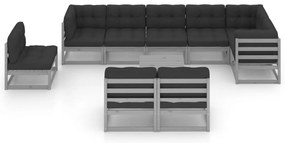 10 pcs conjunto lounge de jardim c/ almofadões pinho maciço