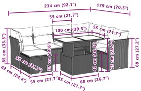 8 pcs conjunto de sofás p/ jardim com almofadões vime PE bege