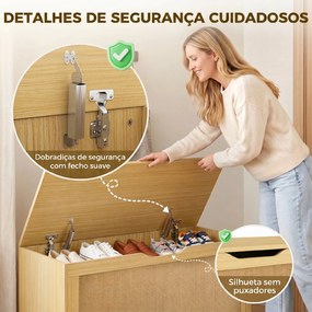 Baú de Arrumação 136L com Painel de Ratã e Tampa com Braços de Apoio, 100x40x45 cm, Carvalho