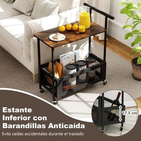Mesa apoio ou carrinho de Cozinha 60 x 40 x 72 cm com Rodas e Pega 2 Níveis Prateleira Aberta e Cesto de Malha para Sala, Quarto, Cozinha Castanha Rús
