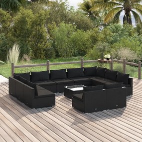 12 pcs conjunto lounge de jardim c/ almofadões vime PE preto