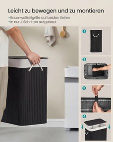 Cesto da roupa suja com 2 compartimentos, 100 L, com tampa, saco de bambu preto