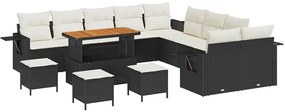 Conjunto de sofá de jardim com 14 peças, almofadas em rattan preto, po