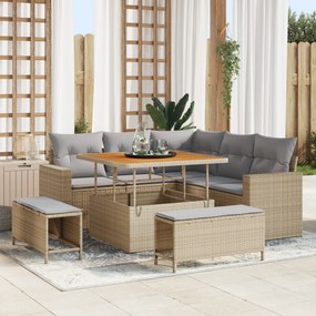 Conjunto de Sofá de Jardim de 8 Peças com Almofadas Bege em Polirattan