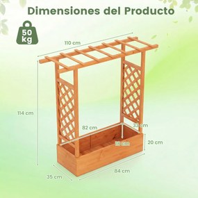 Floreira de jardim elevada em madeira com treliça 110 x 35 x 114 cm, teto suspenso, orifícios de drenagem, abeto, para plantas trepadeiras Laranja