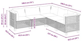 5 pcs conjunto sofás de jardim c/ almofadões vime PE cinzento