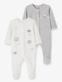 Lote de 2 pijamas em veludo com abertura à frente, para bebé branco claro bicolor/multicolo