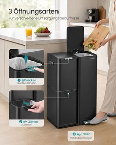 Caixote do lixo de cozinha com pedal e 3 compartimentos, 60 L, 46,7 x 39 x 71,9 cm, preto