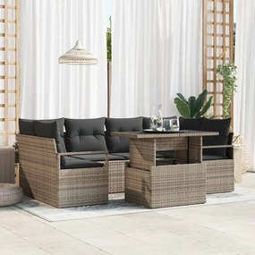 Conjunto de Sofá de Jardim de 7 Peças com Almofadas Cinzento Rattan Poli