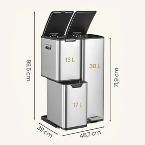 Caixote do lixo de cozinha com pedal e 3 compartimentos, 60 L, 46,7 x 39 x 71,9 cm, prateado