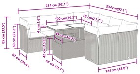 9 pcs conjunto de sofás p/ jardim com almofadões vime PE bege