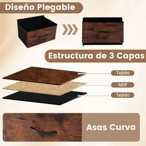 Cómoda com 4 gavetas em tecido com tampa de madeira 45 x 30 x 95 cm Puxadores fáceis de abrir e estrutura metálica Castanho Rústico + Preto