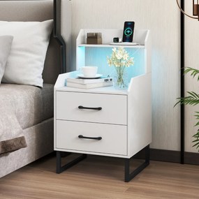 Mesa de cabeceira com estação de carregamento integrada, luzes LED, 2 gavetas e prateleira aberta para quarto, corredor ou sala, branca
