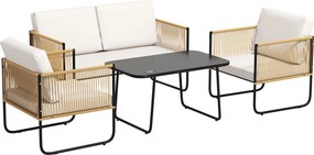 Outsunny Sala de Jardim 4 Peças com Sofá de 2 Lugares 2 Cadeirões 1 Mesa de Centro em Vidro e Almofadas Creme Branco | Aosom Portugal