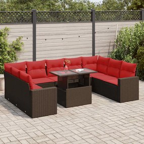 10 pcs conj. sofás jardim c/ almofadões vime PE/acácia castanho
