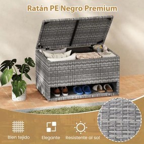 Caixa de armazenamento exterior de rattan com sapateira 95 x 60 x 58 cm com Forro protetor impermeável para Almofadas, terraço Varanda Cinza