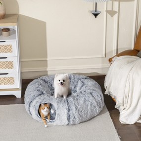 Túnel para gatos  90 x 80 x 27 cm de interior com cama para gatos em forma de donut, almofada circular lavável, cinzento claro
