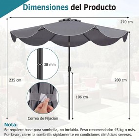 Guarda-sol de 270 cm para terraço exterior com inclinação bidirecional de 30° (BASE NÃO INCLUIDA), 8 varas metálicas, manivela e volantes decorativos