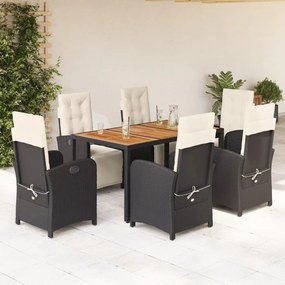 7 pcs conjunto de jantar p/ jardim c/ almofadões vime PE preto