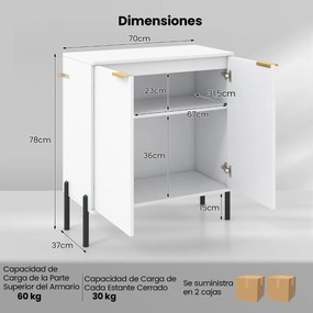 Aparador de 2 portas 70 x 37 x 78 cm com prateleira Pés de metal Kit antiderrapante e dobradiças ajustáveis Móvel moderno Armário branco