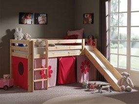 Conjunto Cama alta de Criança PINO 90 x 200 cm + estrado + escada + escorrega + cortina Flores Natural